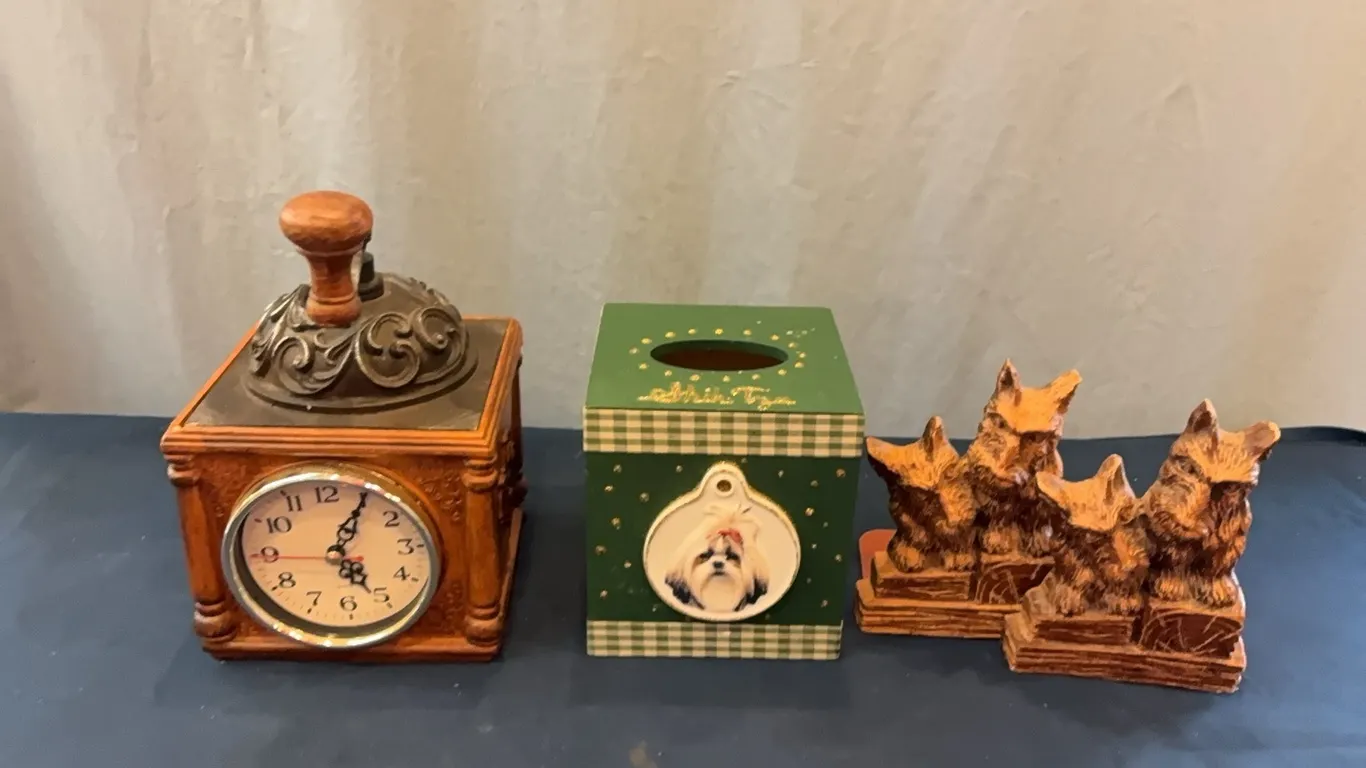 Coffee Grinder Clock, Book Ends & Tissue Box