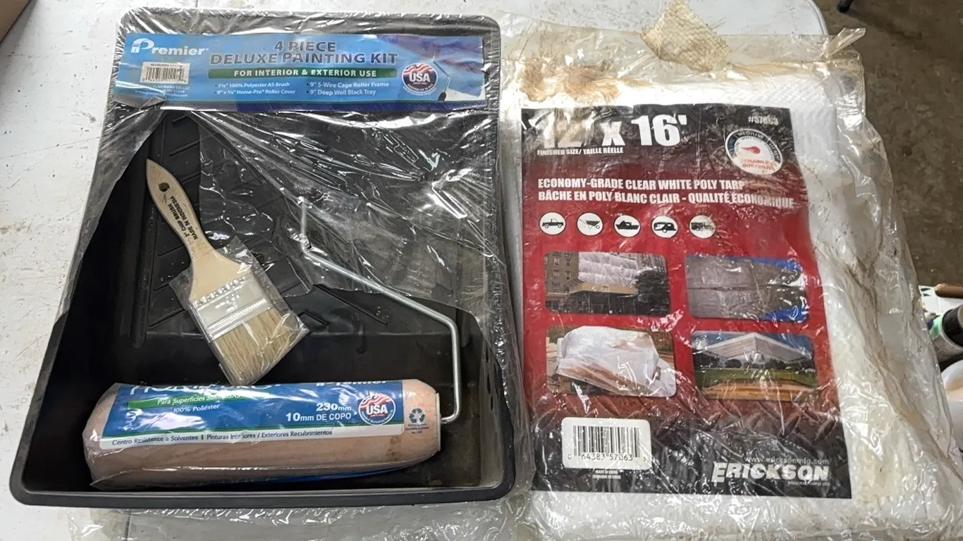 Paint roller with tray, and tarp
