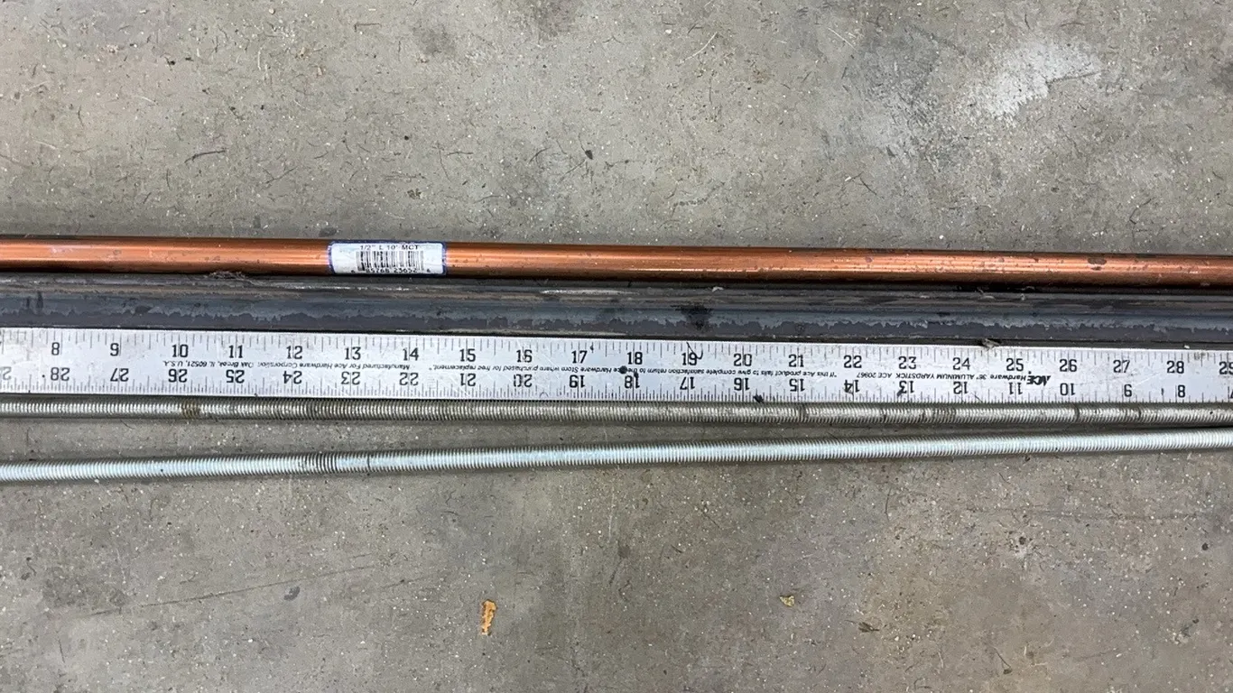 Copper rod, angle iron, amd ruler