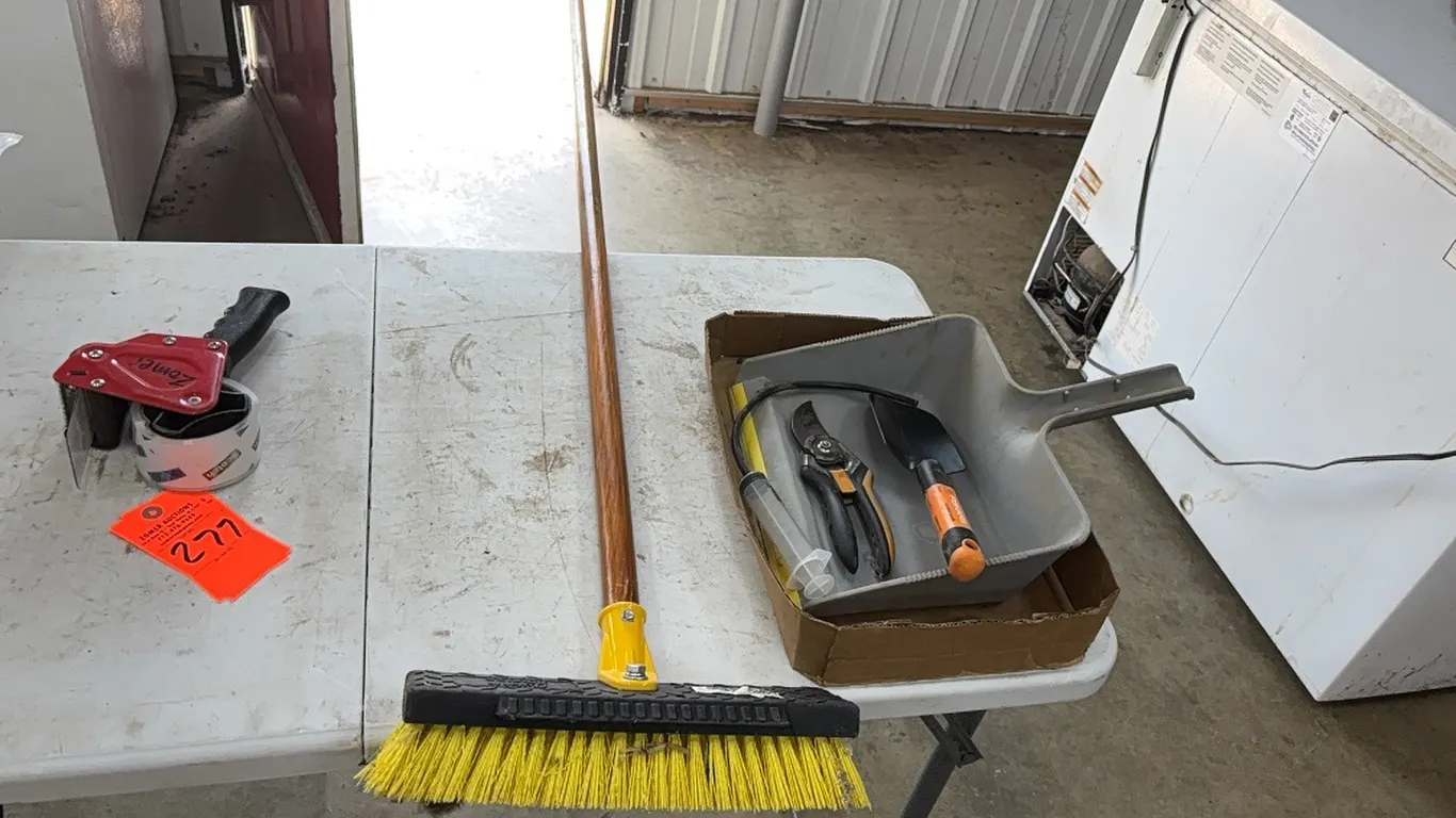 Broom with dust pan, trowel, and snips