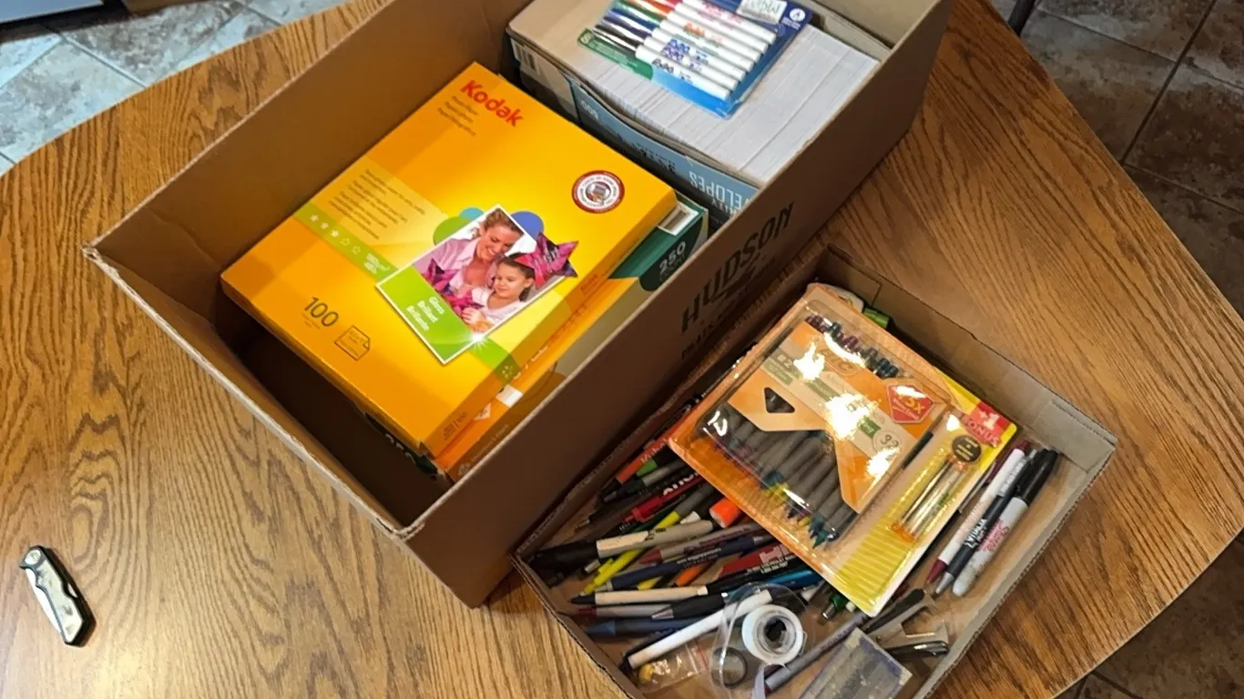 Pens, envelopes, paper