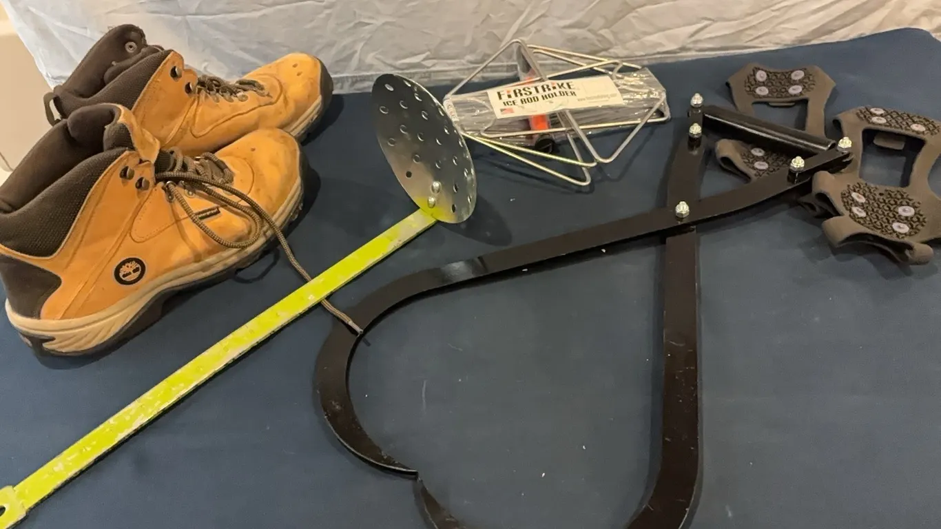 Boots and ice fishing gear