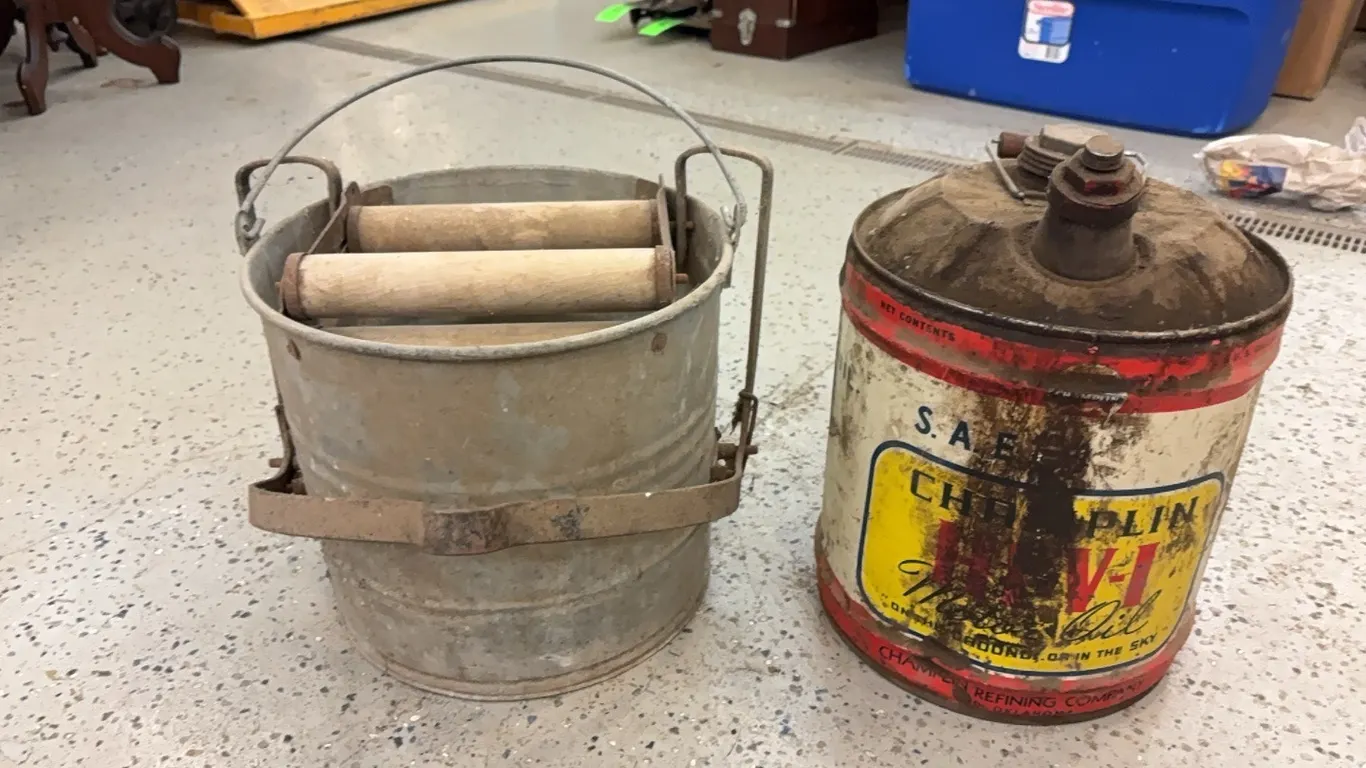 Oil Can & Galvanized Mop Bucket