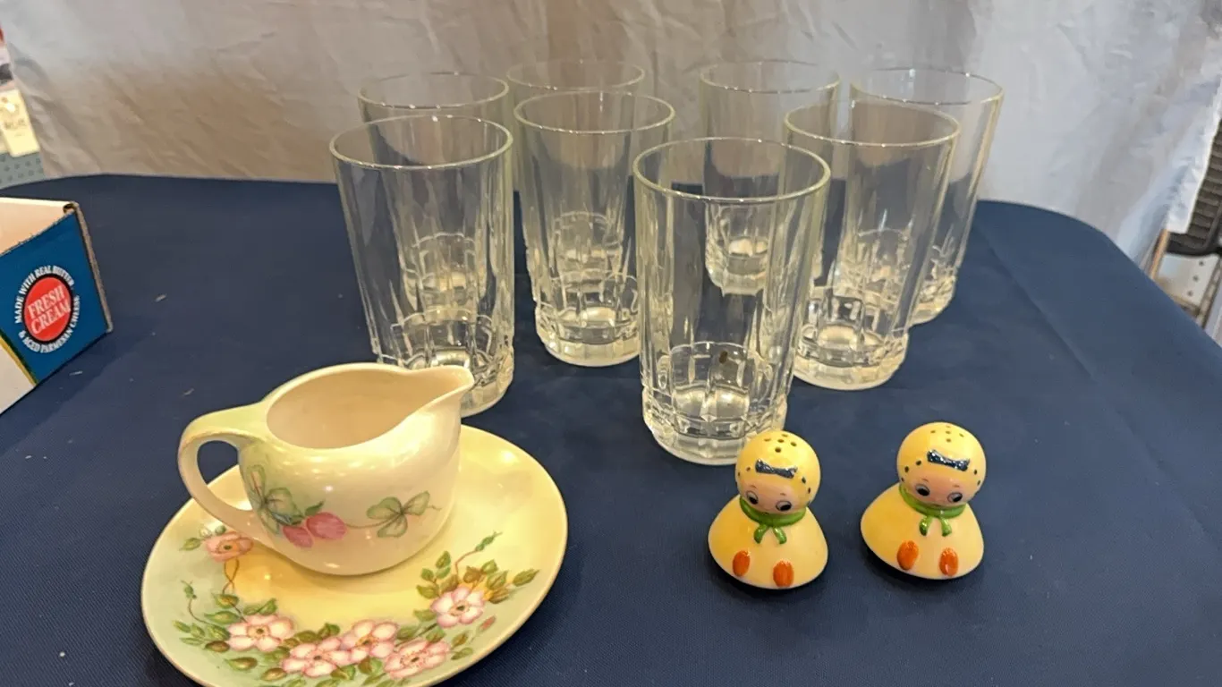 Drinking glasses, S&P, creamer