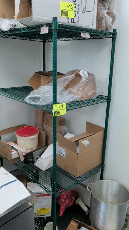 Four-tier wire shelving rack. Features green epoxy-coated wire construction and adjustable shelves. 36"W x 24"D x 75"H. Contents not included.