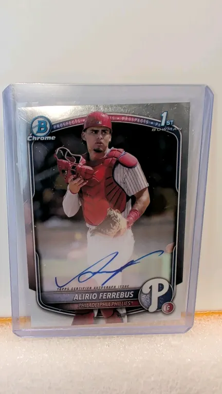 An Alirio Ferrebus 2025 Bowman Chrome Prospects Autograph Card. (Topps, 2025) A 1st Bowman Prospects autographed trading card featuring Philadelphia P