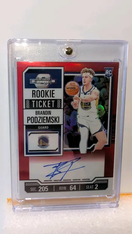 A 2023-24 Panini Contenders Optic Brandin Podziemski Rookie Ticket Autograph Card. (Panini, 2023-24) Card No. 106 variation featuring an authentic aut