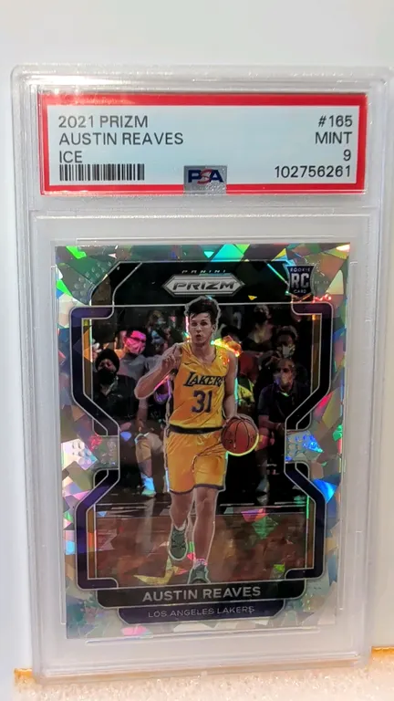 An Austin Reaves 2021 Panini Prizm Ice Rookie Card. (Panini, 2021) Features Los Angeles Lakers guard Austin Reaves, card #165 with the "RC" rookie log