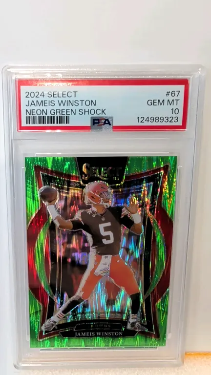A 2024 Panini Select Jameis Winston Neon Green Shock Trading Card. (Panini, 2024) Card #67 from the Concourse subset featuring Cleveland Browns quarte