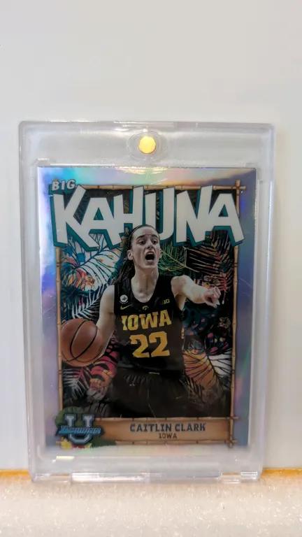 A 2023 Bowman University Caitlin Clark "Big Kahuna" Basketball Card. (Topps, 2023) Card #TBK-15 featuring Caitlin Clark in her Iowa Hawkeyes uniform.