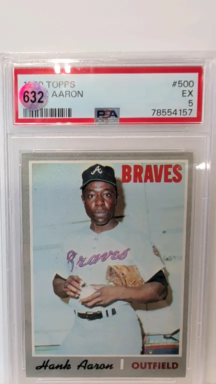A 1970 Topps Hank Aaron Baseball Card #500. (Topps, 1970) A vintage baseball card featuring Atlanta Braves outfielder Hank Aaron. Graded PSA EX 5 (Cer
