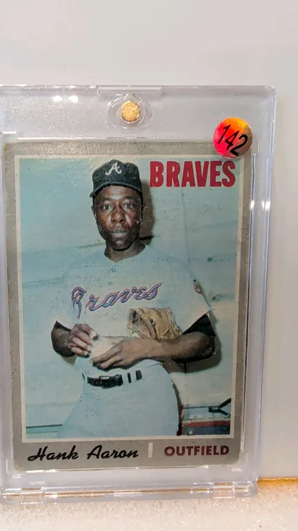 A 1970 Topps Hank Aaron Baseball Card #500. (Topps, 1970) A vintage Topps #500 baseball card depicting Hall of Famer Hank Aaron of the Atlanta Braves,