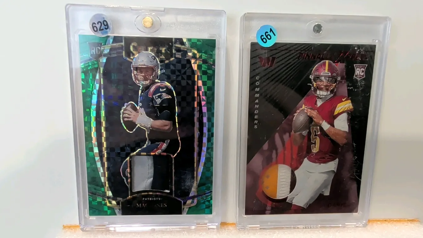 A Pair of Panini NFL Rookie Patch Cards. (Panini, 2021-2024) Includes a 2021 Panini Select Mac Jones Green Checkerboard patch card numbered 2/5 and a