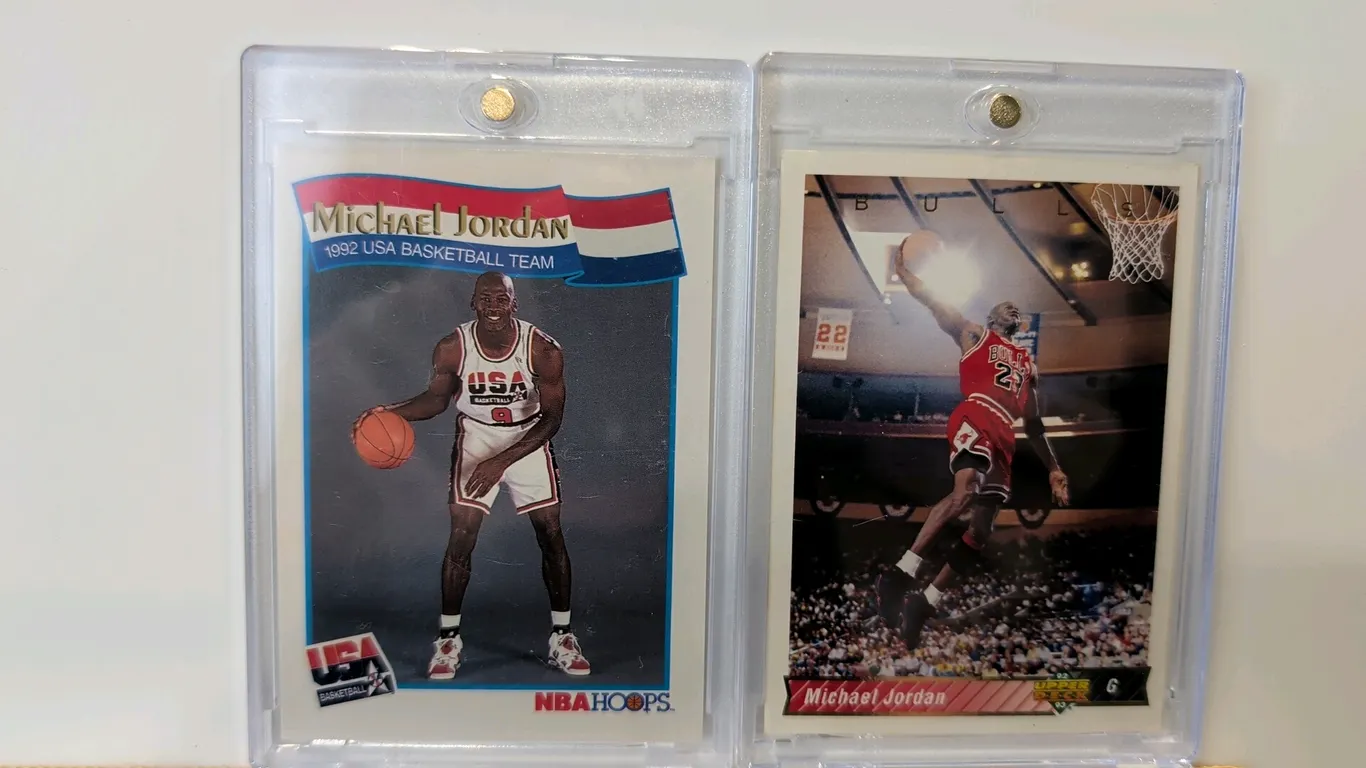 A Pair of Michael Jordan Basketball Trading Cards. (NBA Hoops/Upper Deck, 1991-1992) Includes a 1991 NBA Hoops #55 1992 USA Basketball Team card and a