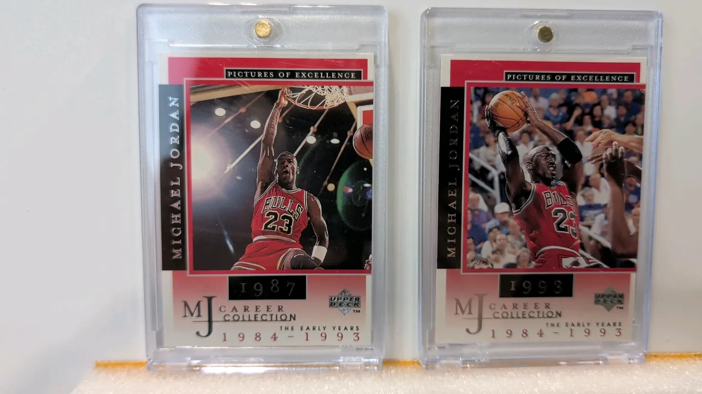 A Pair of Michael Jordan Upper Deck Trading Cards. (Upper Deck, 1998) A 2-card lot from the MJ Career Collection: Pictures of Excellence series featur