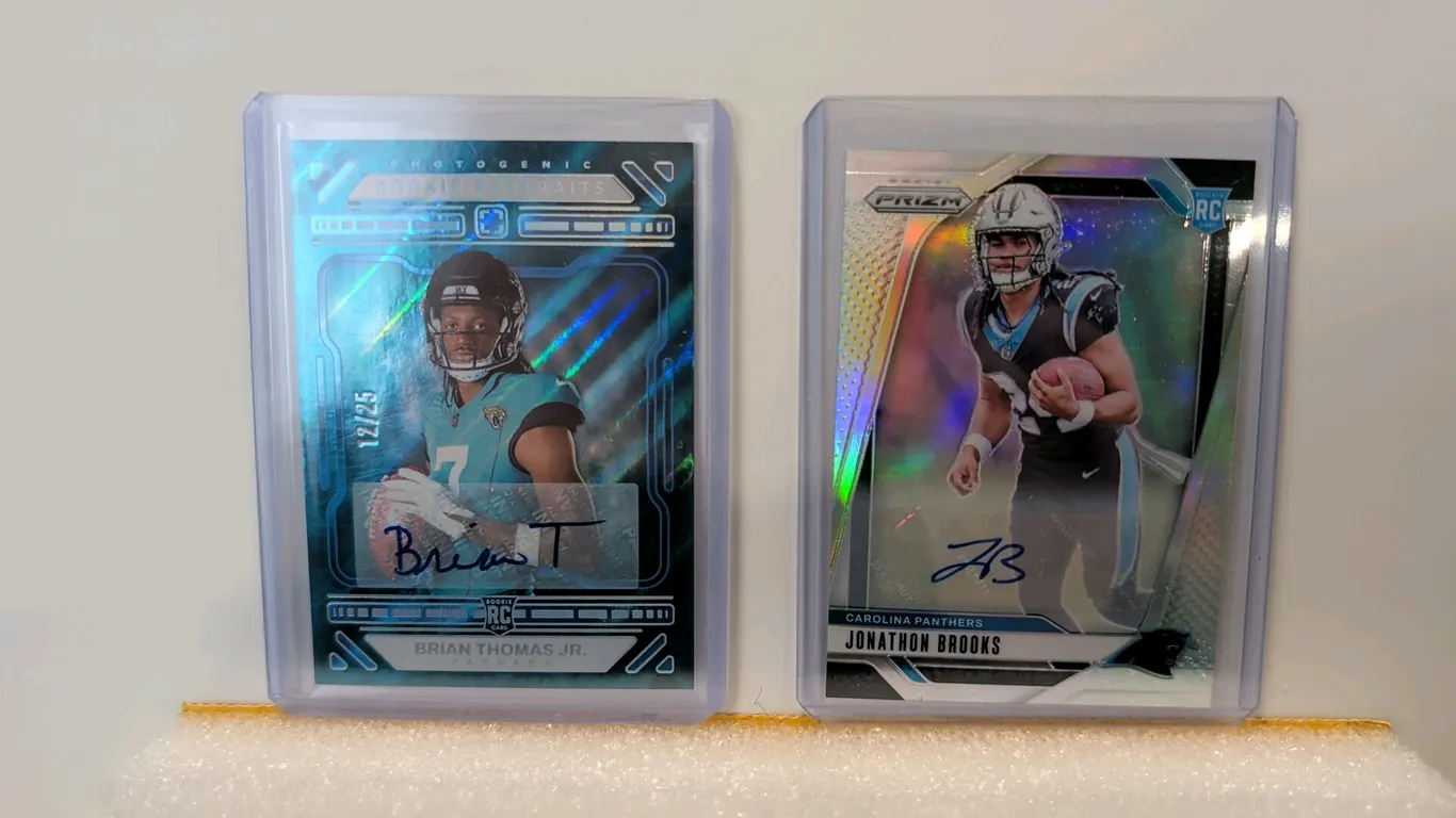 A Collection of Signed Panini Football Rookie Cards. (Panini, 2024-2025) Includes 2024 Photogenic Brian Thomas Jr. (12/25), 2024 Prizm Jonathon Brooks