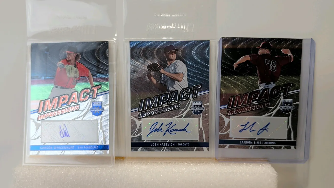 A Set of 2022 Panini Elite Extra Edition "Impact Impressions" Autographed Baseball Cards. (Panini, 2022) A set of 3 cards featuring sticker-authentica