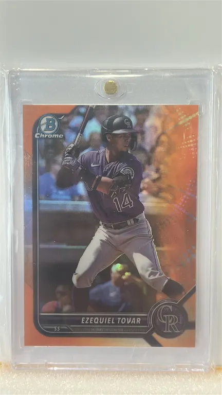 An Ezequiel Tovar Bowman Draft Chrome Orange Refractor Card. (Topps/Bowman, 2022) A 2022 Bowman Draft Chrome Orange Refractor baseball card featuring
