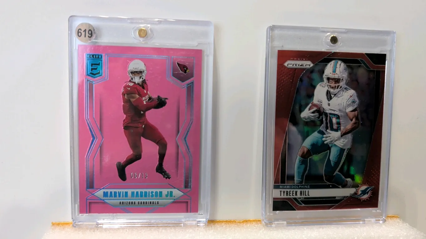 A Pair of Panini NFL Trading Cards. (Panini, 2024-2025) A pair of modern NFL trading cards including a 2025 Donruss Elite Marvin Harrison Jr. card num