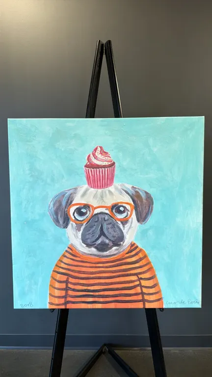 A "Pug with Cupcake" Canvas Painting. (Coco de Paris, 2018) An original acrylic and textured gel painting on gallery-wrapped canvas depicting a pug we