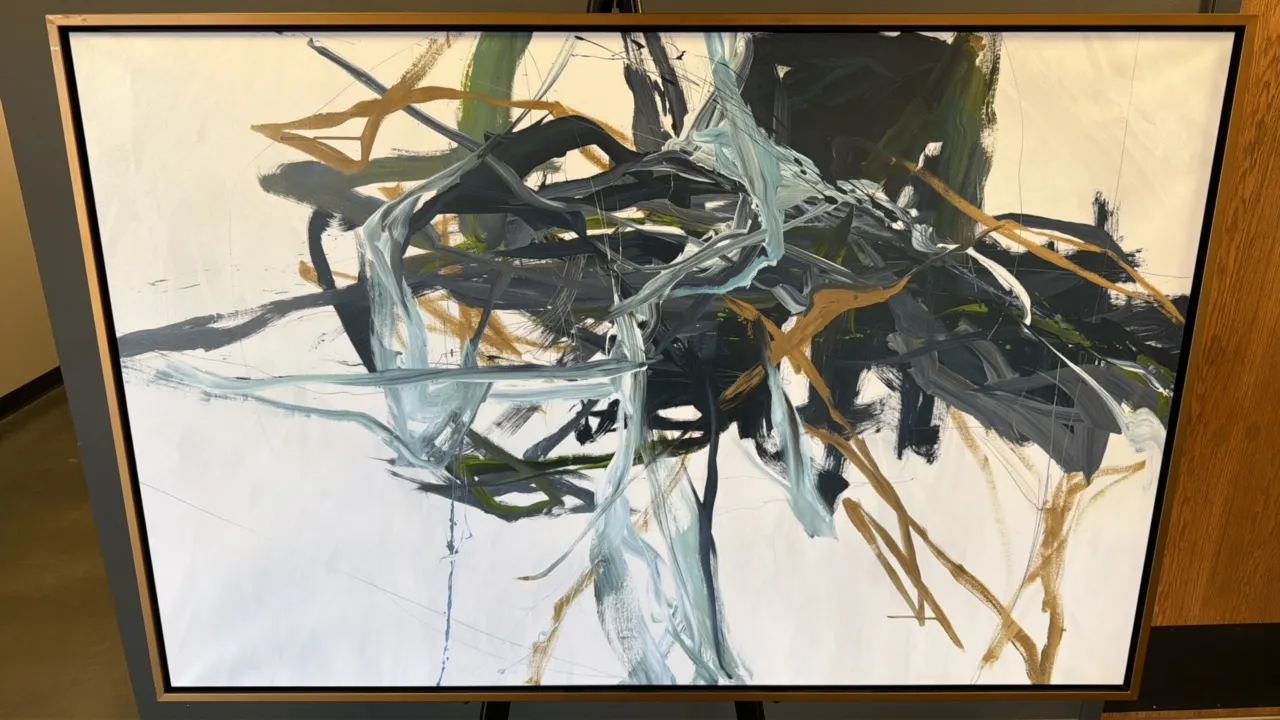 An "Adjoined Naturally" Hand-Embellished Mixed Media on Canvas. (K. Bako Studio, 2018) A contemporary abstract work presented in a gilt-finished float