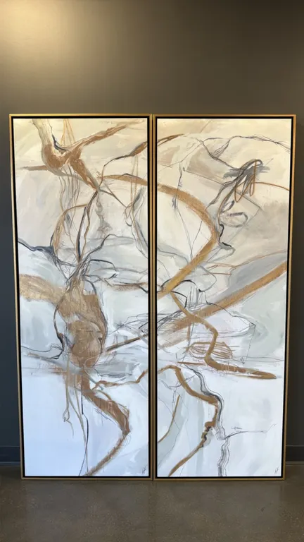 A "Obvious Reasons I & II" Canvas Diptych. (K. Bako, c. 2018) Hand-embellished mixed media and acrylic on canvas, displayed in gilt-finished floating