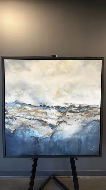 An "Infinite" Framed Canvas Painting. (Jill Leite, c. 2018) A hand-embellished mixed media on canvas featuring an abstract landscape with gold-tone ac
