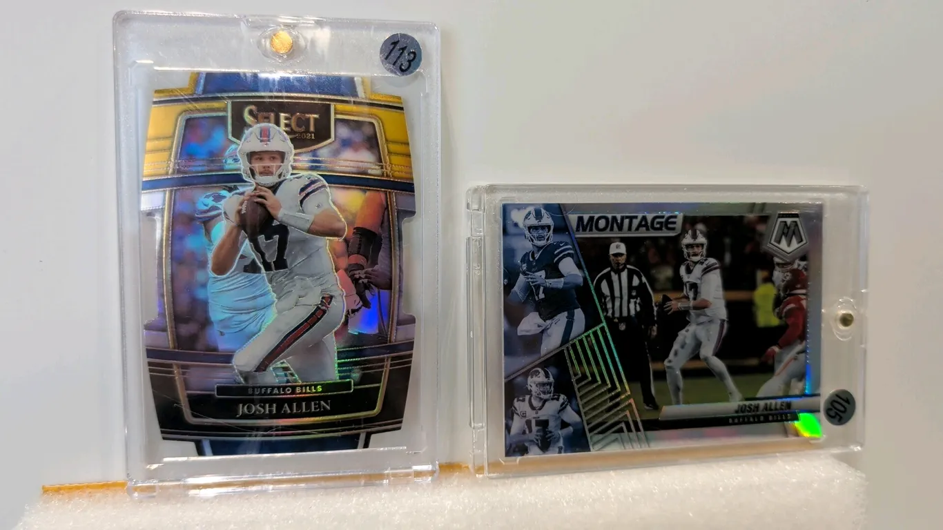 A Pair of Josh Allen Buffalo Bills Trading Cards. (Panini, 2021-2022) A collection of two trading cards featuring quarterback Josh Allen. Includes a 2