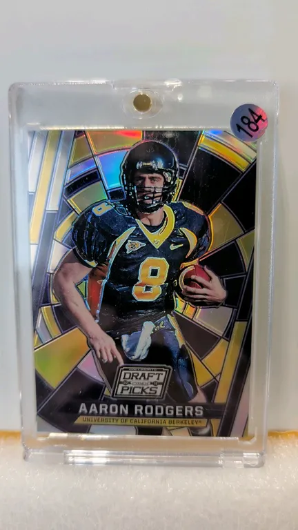 An Aaron Rodgers Panini Prizm Stained Glass Card. (Panini, 2016) Card No. 2 from the Panini Prizm Collegiate Draft Picks series, depicting Rodgers in