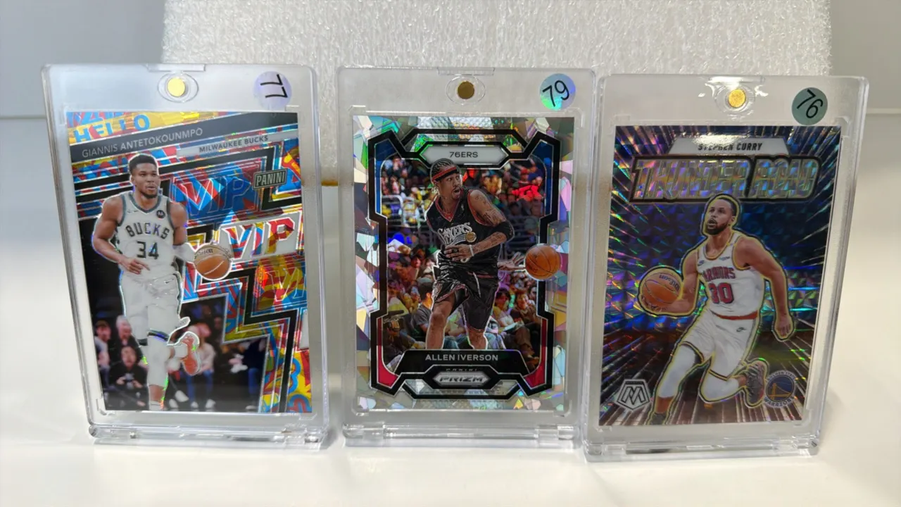 A Collection of Panini NBA Basketball Cards. (Panini, 2023-2025) Includes a 2025 National VIP Giannis Antetokounmpo Prizm No. 22 (numbered 30/45), a 2