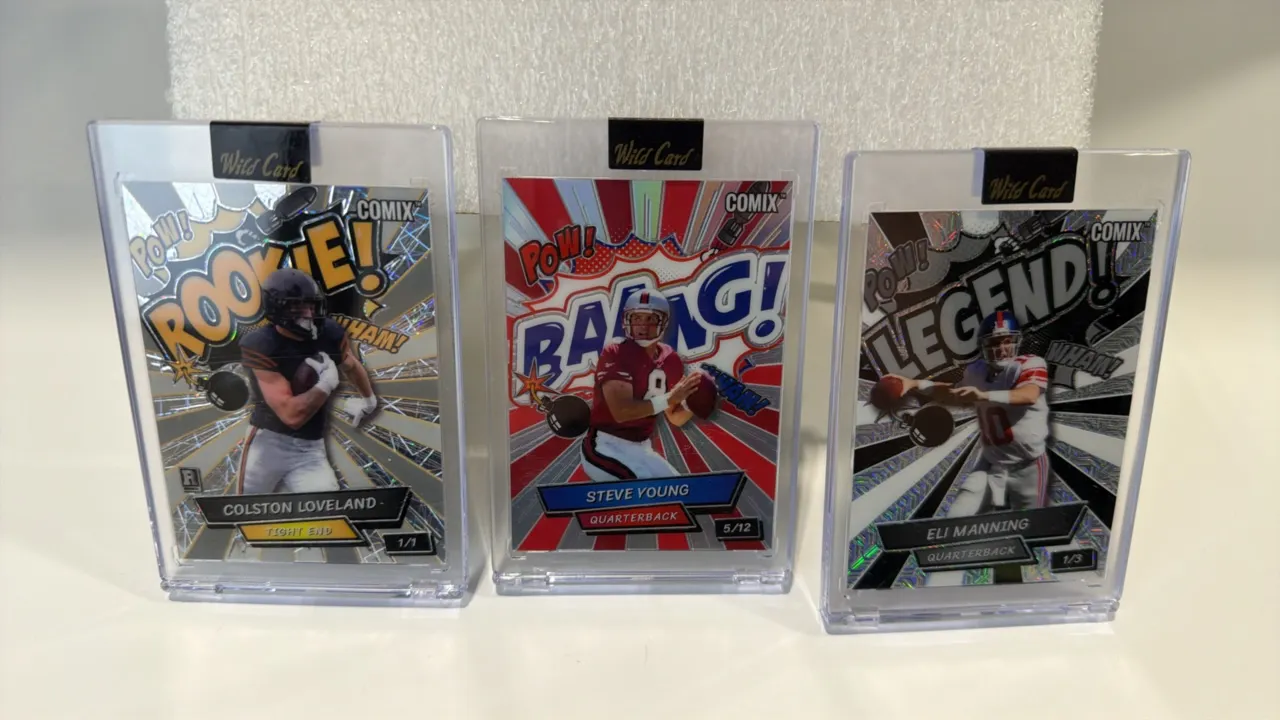 A Collection of (3) Wild Card Comix Football Trading Cards. (Wild Card, 2023) Includes Colston Loveland Rookie (numbered 1/1, ACRGB-CL), Steve Young (