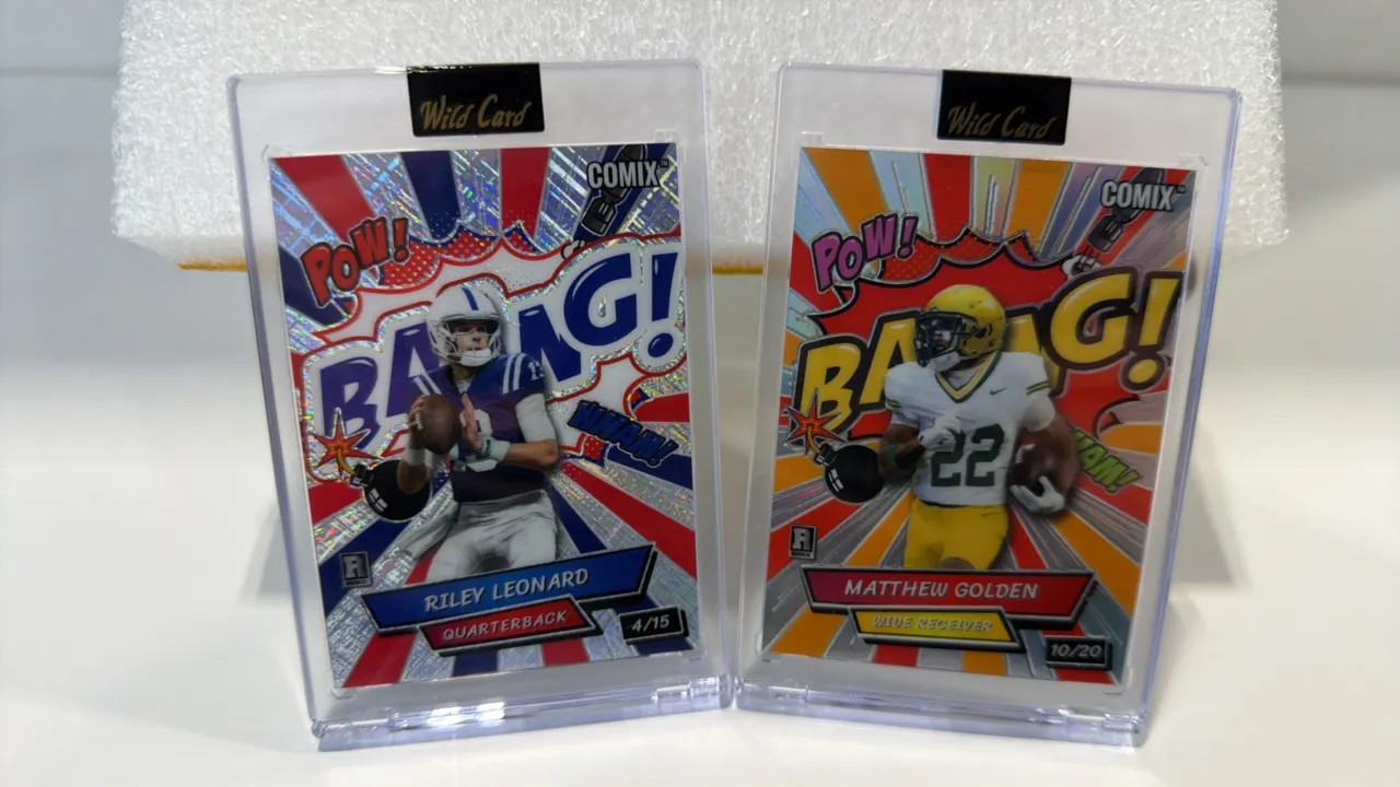 A Pair of Wild Card COMIX Football Trading Cards. (Wild Card, 2023) A pair of limited edition football trading cards featuring Riley Leonard numbered