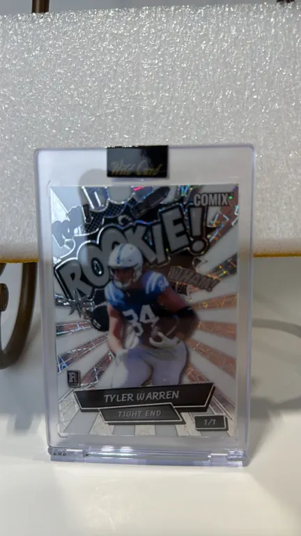 A Tyler Warren 2025 Wild Card Comix 1/1 Rookie Trading Card. (Wild Card, 2025) A one-of-one rookie card featuring tight end Tyler Warren, card number