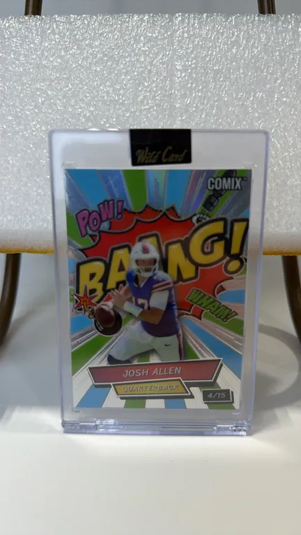 A Wild Card COMIX Josh Allen Limited Edition Trading Card. (Wild Card, 2023) A collectible trading card featuring quarterback Josh Allen with comic-st