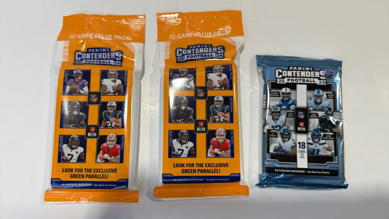 A Collection of Panini Contenders Sealed Football Card Packs. (Panini, 2023-2024) A lot of (3) factory-sealed football card packs including (2) 2024 2