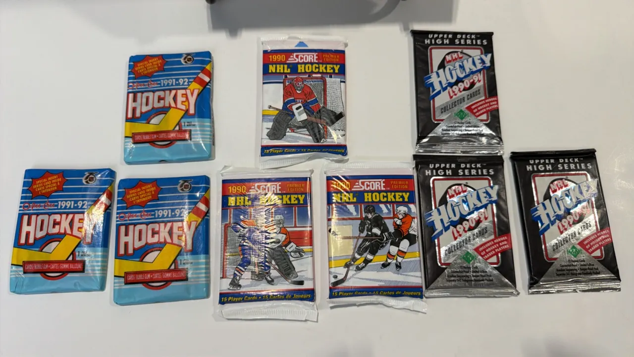 A Collection of Sealed NHL Hockey Card Packs. (Various Makers, 1990-1992) A lot of (9) unopened vintage packs, including (3) 1990 Score Premier Editio