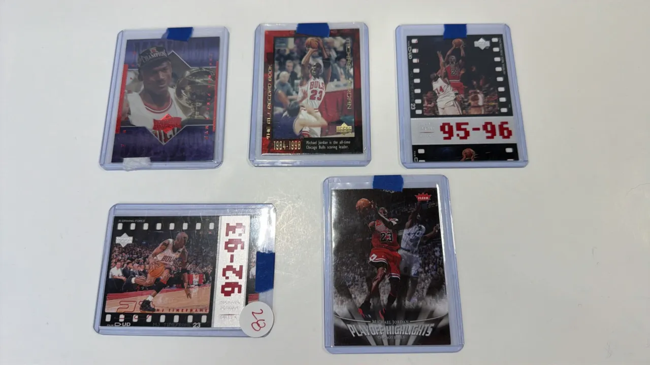 A Collection of (5) Michael Jordan Trading Cards. (Upper Deck / Fleer, 1990s) A collection of (5) assorted Michael Jordan basketball cards including U