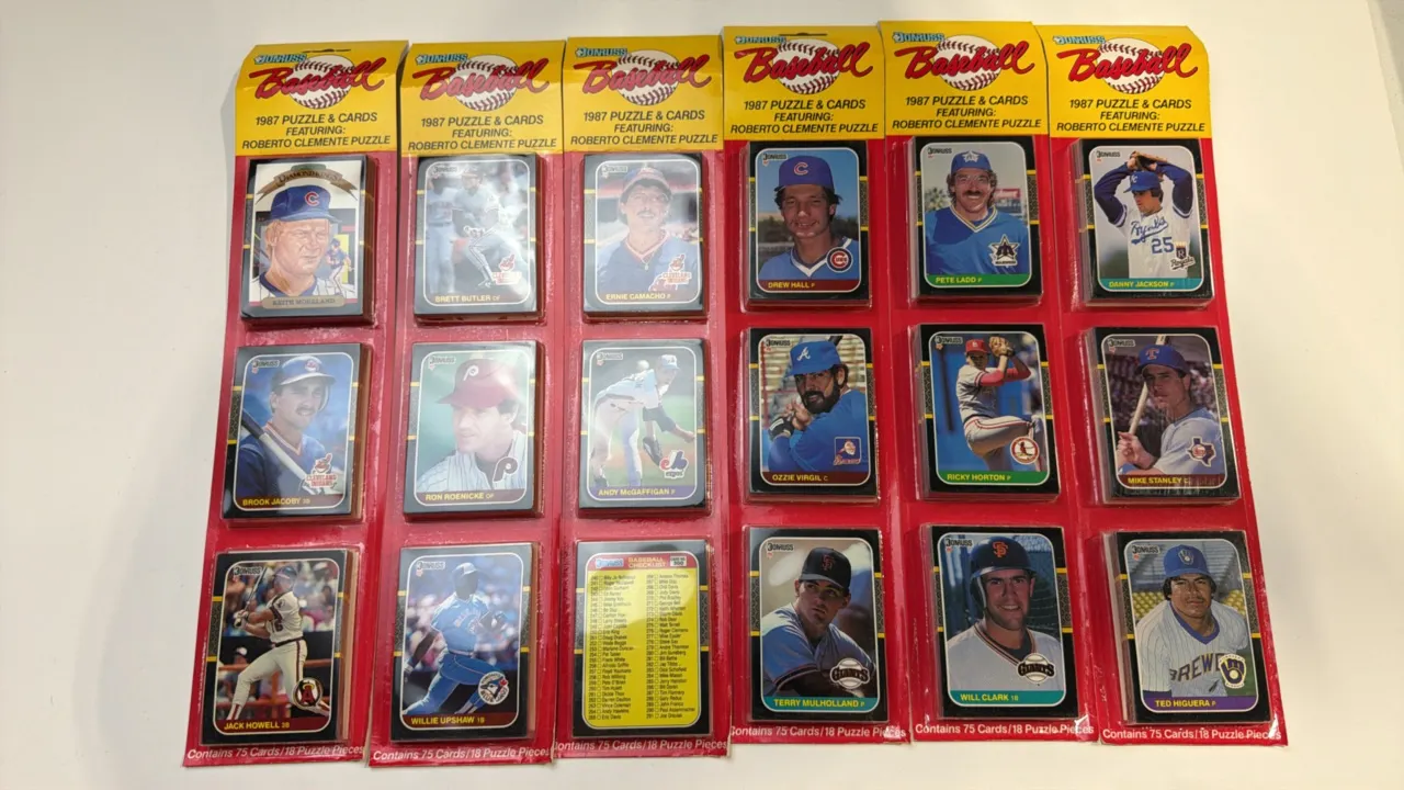 A Collection of 1987 Donruss Baseball Cards Sealed Hanger Packs. (Leaf, 1987) A set of (6) original retail hanger packs, each containing 75 cards and