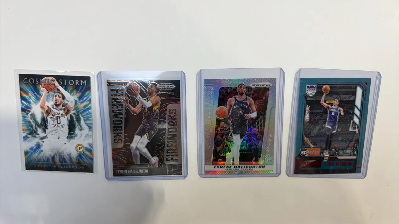 A Collection of (4) Tyrese Haliburton Basketball Trading Cards. (Panini, 2020-2024) Includes 2023-24 Prizm Fireworks No. 16, 2023-24 Prizm Silver No.