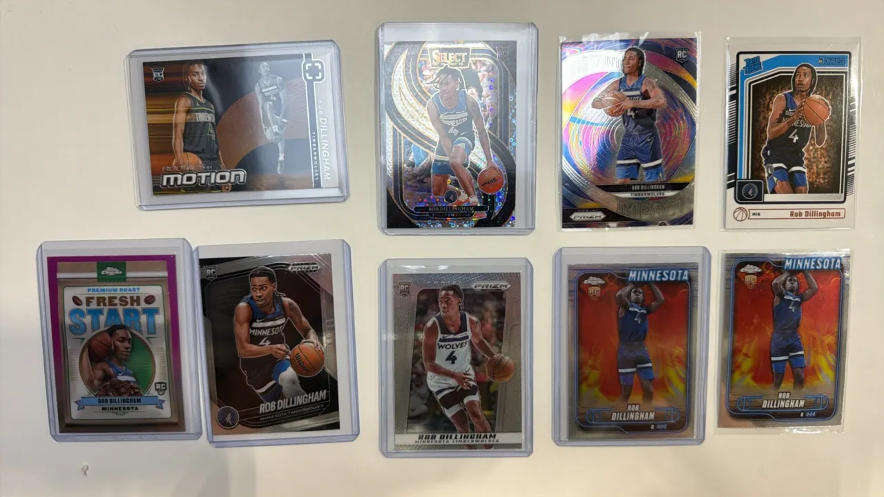 A Collection of Rob Dillingham Rookie Trading Cards. (Panini/Topps, 2024) A collection of (9) Rob Dillingham Minnesota Timberwolves rookie and insert