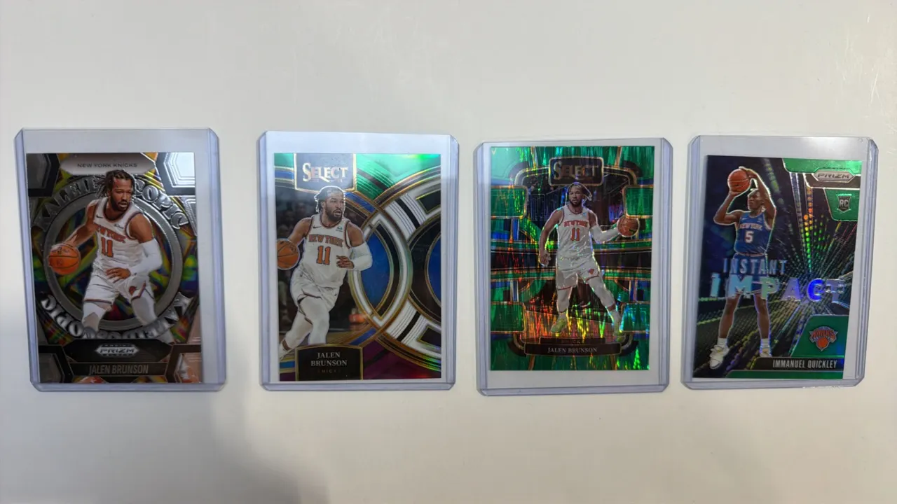 A Collection of Panini New York Knicks Trading Cards. (Panini, 2020-2024) Includes (3) 2023-24 Jalen Brunson cards (Prizm Kaleidoscopic No. 13, Select