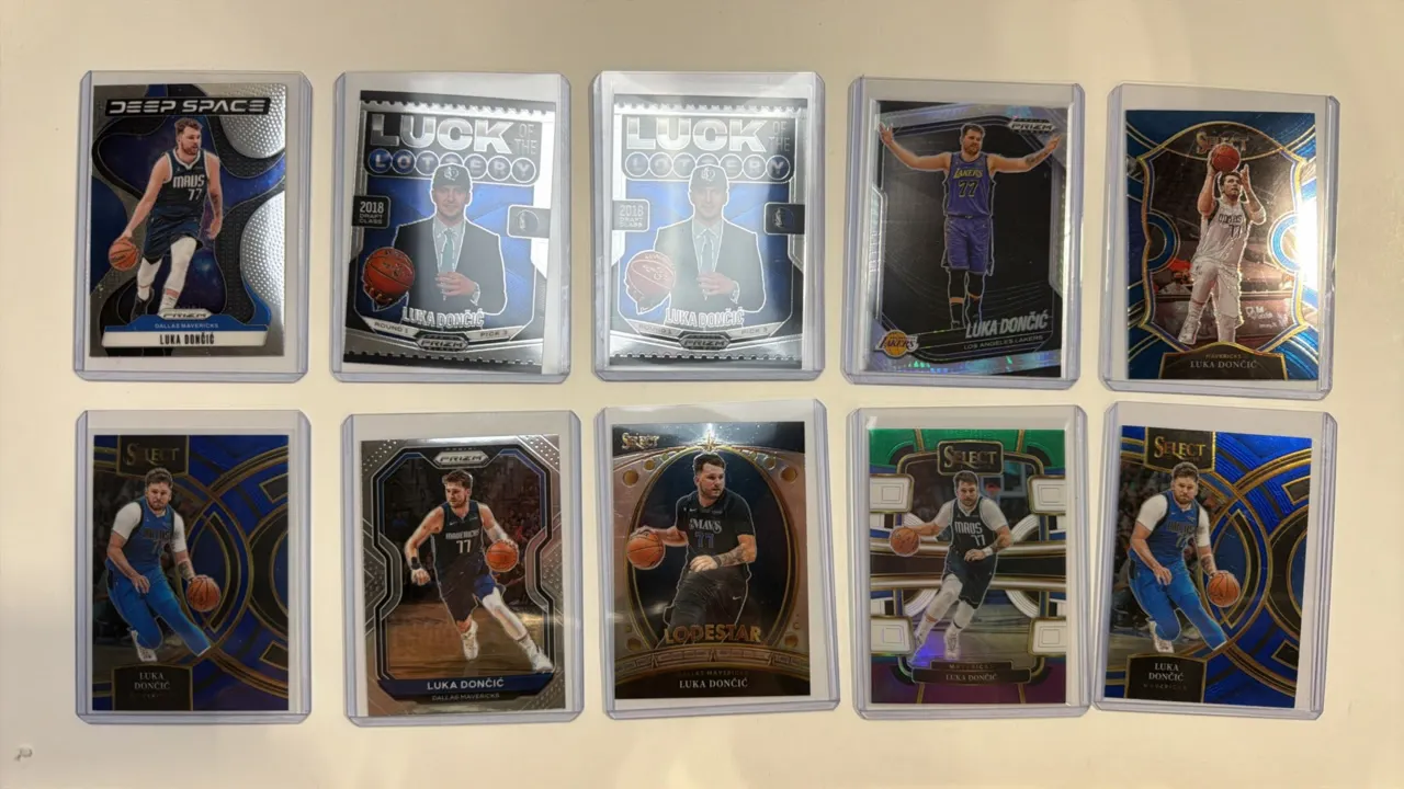 A Collection of (10) Panini Luka Dončić Basketball Trading Cards. (Panini) Featuring Panini Prizm and Select series cards with inserts including Deep