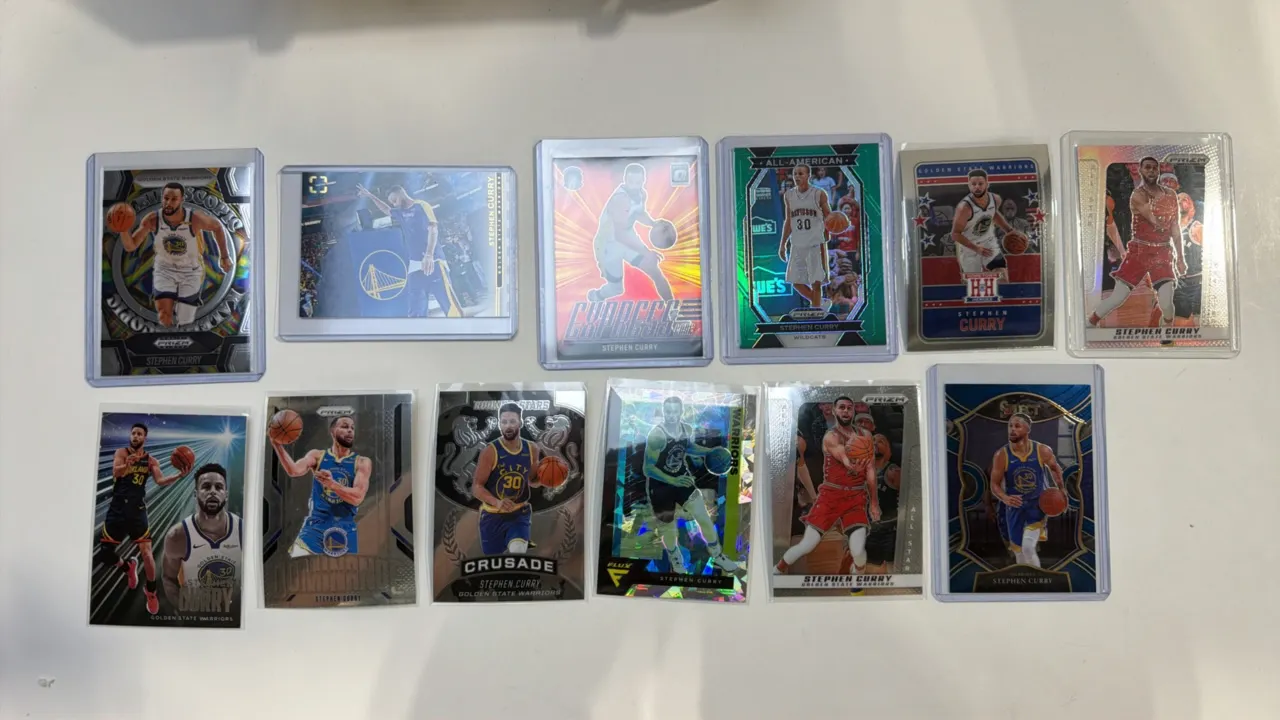 A Collection of (12) Stephen Curry Basketball Trading Cards. (Panini/Donruss, Modern) Featuring Panini Prizm Kaleidoscopic, Donruss Optic Express Lane