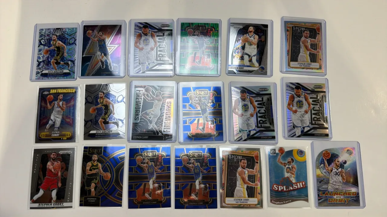A Collection of (19) Stephen Curry Trading Cards. (Various Makers, 2020s) Includes cards from Panini Prizm, Select, Mosaic, Topps Chrome, and Donruss