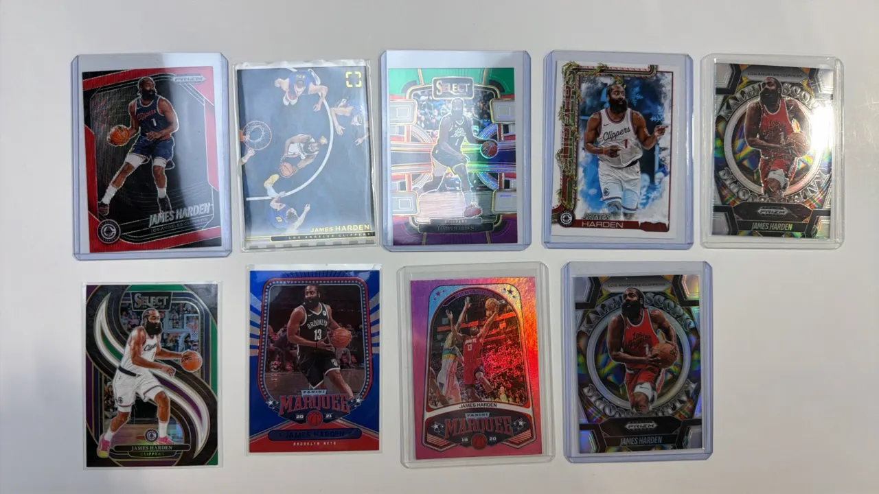 A Collection of (9) James Harden Basketball Trading Cards. (Panini/Topps, 2019-2024) A collection of (9) trading cards featuring NBA star James Harden