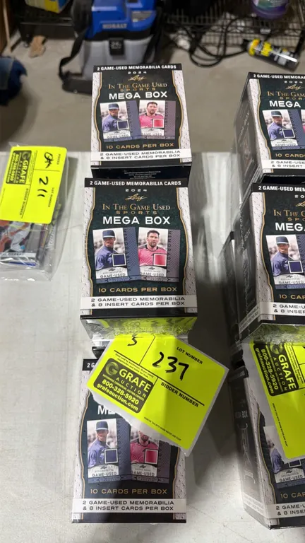 A Collection of 2024 Leaf "In The Game Used Sports" Mega Boxes. (Leaf, 2024) Each factory sealed mega box contains 10 total cards, featuring 2 game-us