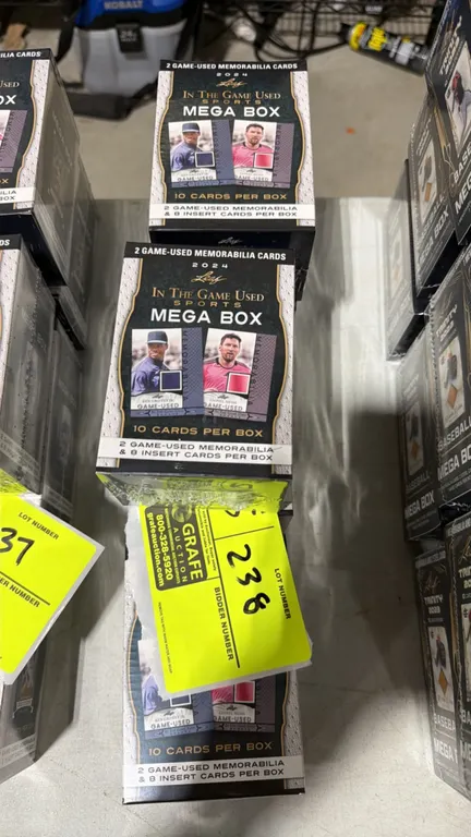 2024 Leaf In The Game Used Sports Mega Boxes. Features 10 cards per box including 2 game-used memorabilia cards and 8 insert cards per box. Factory se