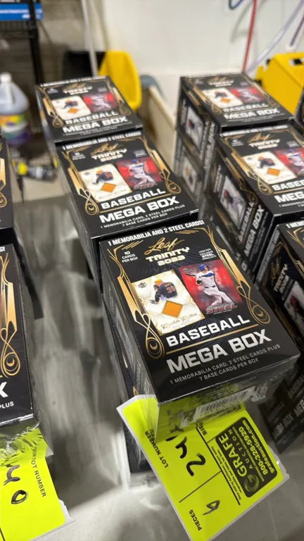 2023 Leaf Trinity Baseball Mega Boxes. Factory sealed. Each box contains 10 cards total: 1 memorabilia card, 2 steel cards, and 7 base cards. Features
