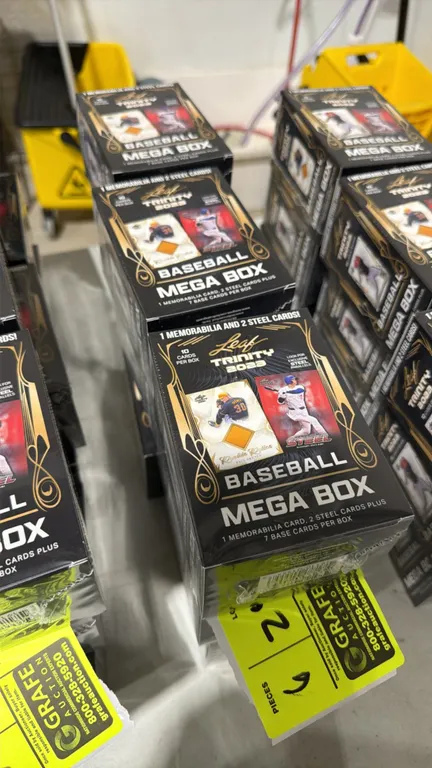 A Collection of 2023 Leaf Trinity Baseball Mega Boxes. (Leaf, 2023) Factory-sealed mega boxes featuring 10 cards per box, including one memorabilia ca