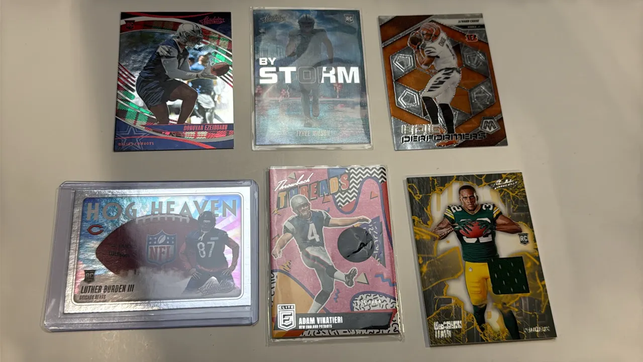 A Collection of (6) Panini Football Cards. (Panini, 2023-2025) A lot of six cards featuring (4) Rookie Cards and (2) memorabilia swatch cards. Highlig